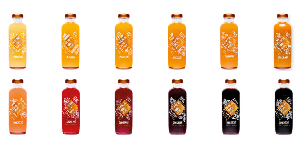 bouteilles de cocktail andros réalisées par la mission identité de marque de l'agence Food Design