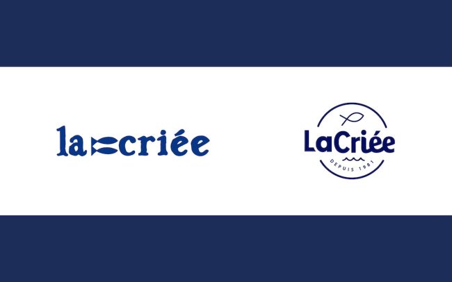 Avant/après du logo LaCriée : le poisson stylisé et le cercle conservés, typographie et couleurs modernisées, ancrage depuis 1981
